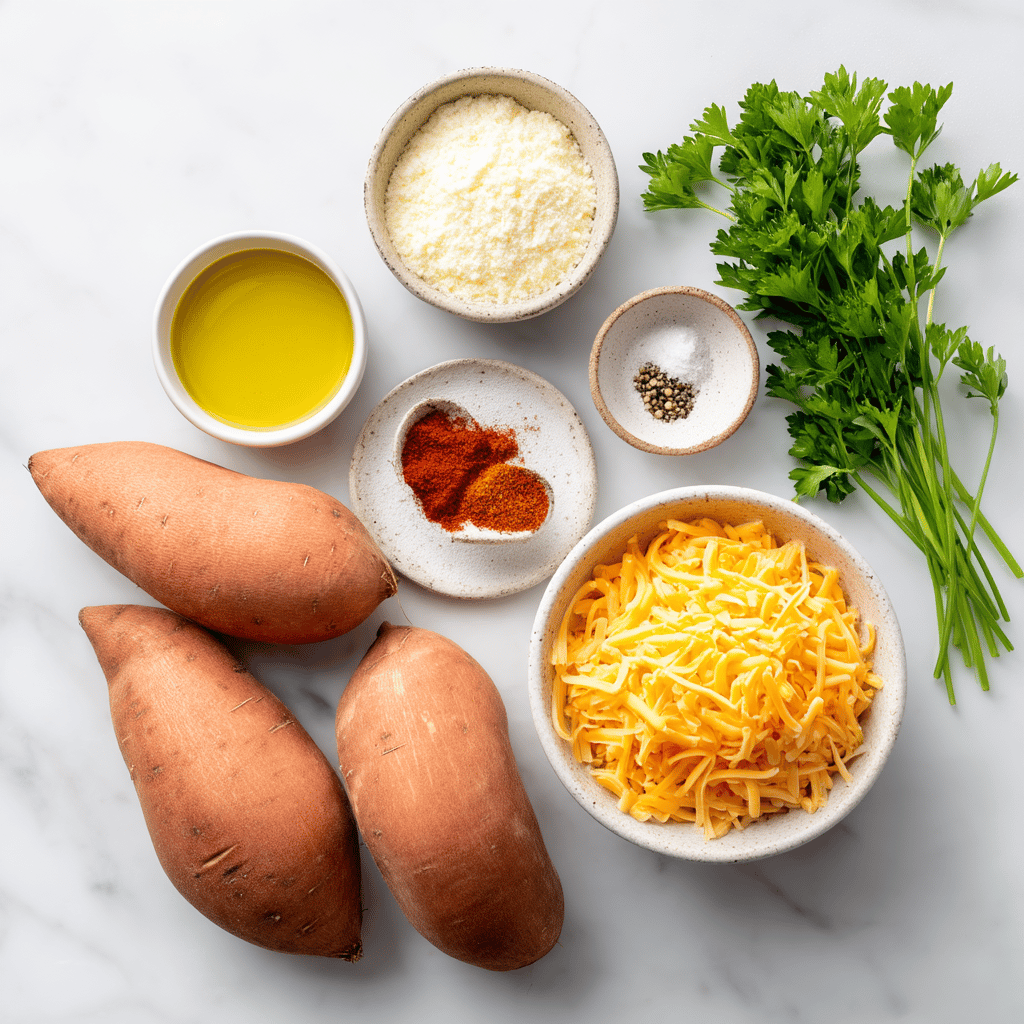 Ingredients for Crispy Air Fryer Cheesy Sweet Potato Wedges