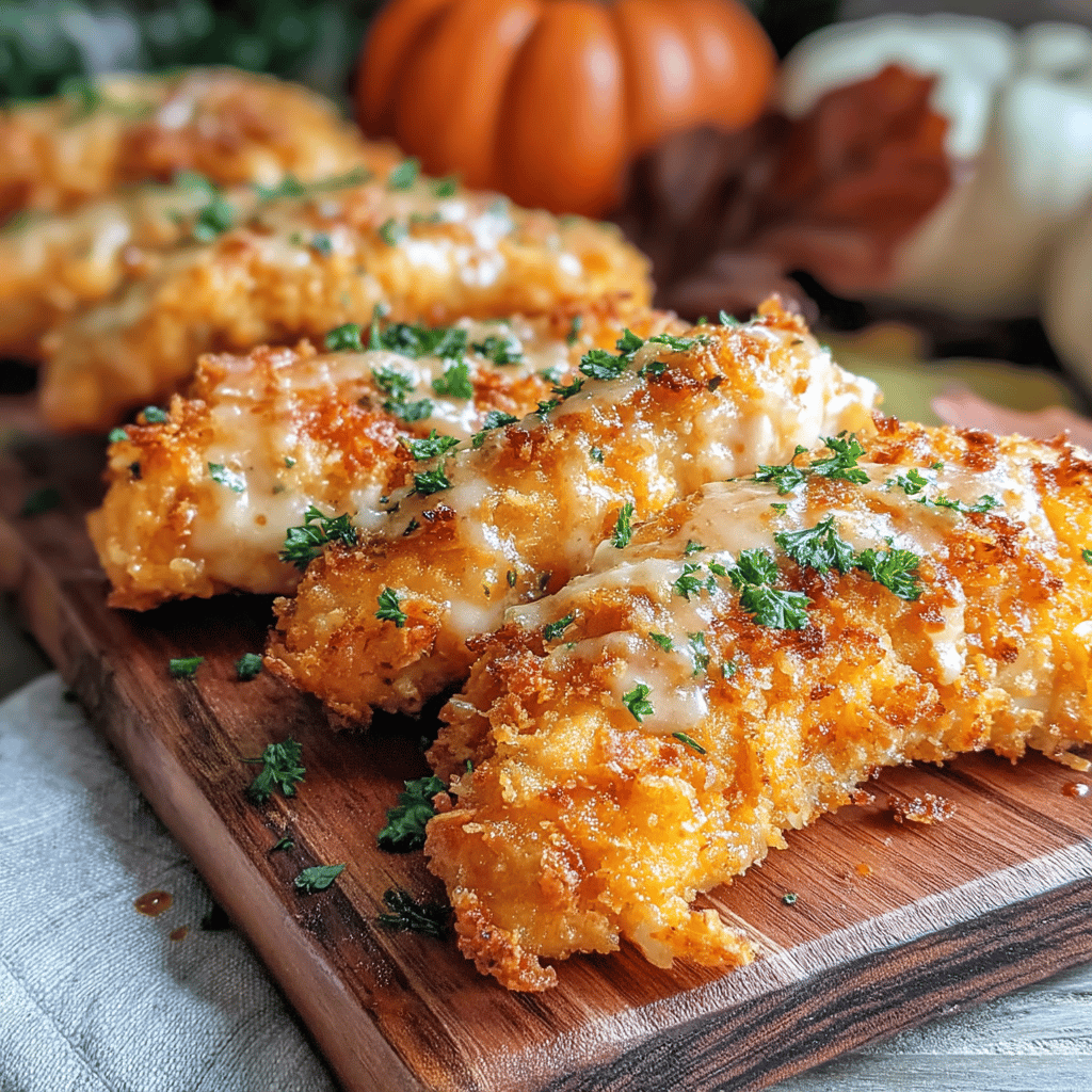 As the leaves turn golden and the air becomes crisp, there’s no better way to celebrate the flavors of fall than with a comforting dish that embodies the season. Enter <strong>One-Pan Pumpkin Spice Chicken Tenders with a Crispy Crunch</strong>—a delightful fusion of juicy chicken, warm spices, and a satisfying crunch that will leave your taste buds rejoicing.” /></p>
<h2>Key Ingredients</h2>
<ul>
<li><strong>Chicken Tenders</strong>: 1 pound of fresh or frozen chicken tenders, thawed.</li>
<li><strong>Pumpkin Puree</strong>: 1/2 cup of canned pumpkin puree for a warm, spiced flavor.</li>
<li><strong>Pumpkin Spice Blend</strong>: 2 teaspoons of pumpkin spice seasoning (cinnamon, nutmeg, ginger, and cloves).</li>
<li><strong>Garlic Powder</strong>: 1 teaspoon for an extra depth of flavor.</li>
<li><strong>Salt and Pepper</strong>: To taste for seasoning.</li>
<li><strong>Breadcrumbs</strong>: 1 cup of panko breadcrumbs for that signature crispy crunch.</li>
<li><strong>Parmesan Cheese</strong>: 1/2 cup of grated Parmesan cheese for added richness.</li>
<li><strong>Egg</strong>: 1 large egg for binding the breadcrumbs to the chicken tenders.</li>
<li><strong>Olive Oil</strong>: 2 tablespoons of olive oil to help with browning and flavor.</li>
<li><strong>Fresh Herbs (optional)</strong>: Chopped parsley or thyme for garnish. </li>
</ul>
<p>Feel free to customize the spices and herbs to suit your taste!</p>
<h2>Baking Process</h2>
<ol>
<li>
<p><strong>Preheat the Oven</strong>: Begin by preheating your oven to 400°F (200°C). This ensures that your chicken tenders cook evenly and develop that perfect crispy crust.</p>
</li>
<li>
<p><strong>Prepare the Pan</strong>: Line a baking sheet with parchment paper or a silicone baking mat. This will help prevent sticking and make cleanup a breeze.</p>
</li>
<li>
<p><strong>Coat the Chicken</strong>: Take your chicken tenders and season them with salt, pepper, and a generous amount of pumpkin spice seasoning. Make sure to coat each piece evenly for maximum flavor. </p>
</li>
<li>
<p><strong>Create a Breading Station</strong>: In three separate shallow bowls, set up your breading station. In the first bowl, place all-purpose flour seasoned with a pinch of salt. In the second bowl, whisk together some eggs until they are frothy. In the third bowl, combine panko breadcrumbs, a bit of grated Parmesan cheese (if desired), and an extra sprinkle of pumpkin spice for added flavor.</p>
</li>
<li>
<p><strong>Bread the Chicken Tenders</strong>: Dip each seasoned chicken tender into the flour, shaking off any excess. Next, dunk it into the egg mixture, allowing any excess egg to drip off before transferring it to the breadcrumb mixture. Press gently on the breadcrumbs to ensure a good coating, then place the breaded tenders on the prepared baking sheet.</p>
</li>
<li>
<p><strong>Drizzle with Oil</strong>: For that crispy finish, lightly drizzle or spray the top of the breaded chicken tenders with olive oil or cooking spray. This helps them achieve a golden-brown crunch while baking.</p>
</li>
<li>
<p><strong>Bake</strong>: Place the baking sheet in the preheated oven and bake for about 20-25 minutes, flipping the chicken tenders halfway through the cooking time. This ensures that both sides get equally crispy.</p>
</li>
<li>
<p><strong>Check for Doneness</strong>: Use a meat thermometer to check that the internal temperature of the chicken tenders reaches 165°F (75°C). If they need a little more time, continue baking for an additional 3-5 minutes.</p>
</li>
<li>
<p><strong>Rest and Serve</strong>: Once done, remove the baking sheet from the oven and let the chicken tenders rest for about 5 minutes. This allows the juices to redistribute and keeps them tender. Serve warm with your favorite dipping sauce for a delicious meal or snack!</p>
</li>
</ol>
<p>Enjoy your One-Pan Pumpkin Spice Chicken Tenders with a Crispy Crunch!</p>
<h2>Serving Suggestions</h2>
<p>These One-Pan Pumpkin Spice Chicken Tenders are not only delicious but also incredibly versatile! Here are some serving suggestions to elevate your meal and complement the fall-inspired flavors:</p>
<ol>
<li>
<p><strong>Autumn Salad</strong>: Serve the chicken tenders over a bed of mixed greens with sliced apples, candied pecans, and crumbled goat cheese. Drizzle with a maple vinaigrette for a refreshing contrast.</p>
</li>
<li>
<p><strong>Roasted Vegetables</strong>: Pair the tenders with roasted seasonal vegetables such as Brussels sprouts, sweet potatoes, or butternut squash tossed with olive oil and spices. The sweetness will harmonize beautifully with the pumpkin spice.</p>
</li>
<li>
<p><strong>Mashed Potatoes</strong>: A comforting side of creamy mashed potatoes with a sprinkle of cinnamon or nutmeg can enhance the flavor profile. Consider adding a dollop of pumpkin puree to the mash for extra fall flair.</p>
</li>
<li>
<p><strong>Rice or Quinoa Bowl</strong>: Create a hearty bowl by serving the chicken tenders over a base of fluffy rice or quinoa. Add some sautéed kale or spinach and top with pumpkin seeds for extra crunch and nutrition.</p>
</li>
<li>
<p><strong>Dipping Sauces</strong>: Offer a variety of dipping sauces on the side, such as honey mustard, ranch, or a maple syrup-infused yogurt dip. These will add flavor dimensions and cater to different palates.</p>
</li>
<li>
<p><strong>Wrap It Up</strong>: For a fun twist, slice the chicken tenders and wrap them in a whole-grain tortilla with fresh spinach, avocado, and a smear of cream cheese or hummus.</p>
</li>
<li>
<p><strong>Family Style</strong>: Serve the tenders on a large platter with a selection of dipping sauces, along with fresh veggies and a bowl of your favorite dip. Let everyone create their own delicious bites!</p>
</li>
<li>
<p><strong>Cozy Sandwich</strong>: Transform the chicken tenders into a hearty sandwich. Use a warm baguette or slider rolls, add fresh arugula, sliced tomatoes, and a smear of cranberry sauce or apple chutney for a delightful crunch.</p>
</li>
</ol>
<p>No matter how you choose to serve your One-Pan Pumpkin Spice Chicken Tenders, they are sure to bring warmth and flavor to your fall table. Enjoy!</p>
<h2>Conclusion</h2>
<p>Indulging in One-Pan Pumpkin Spice Chicken Tenders provides a delightful twist to your ordinary weeknight dinner. The unique combination of warm spices and savory chicken creates a dish that’s both comforting and exciting, perfect for embracing the flavors of fall. Not only is this recipe easy to prepare, but the one-pan method ensures minimal cleanup, allowing you to savor every bite without the hassle. </p>
<p>Whether you’re serving it up for a family meal or impressing guests at a fall gathering, these crispy chicken tenders are sure to be a hit. Pair them with your favorite dipping sauce or a refreshing side salad for a complete meal. So, gather your ingredients, unleash your culinary creativity, and enjoy this deliciously spiced dish that’s bound to become a seasonal favorite! Happy cooking!</p>
<div id=