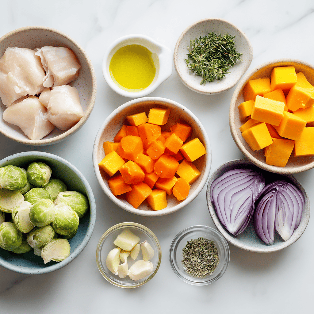 Ingredients for Sheet Pan Garlic Butter Chicken with Autumn Veggies